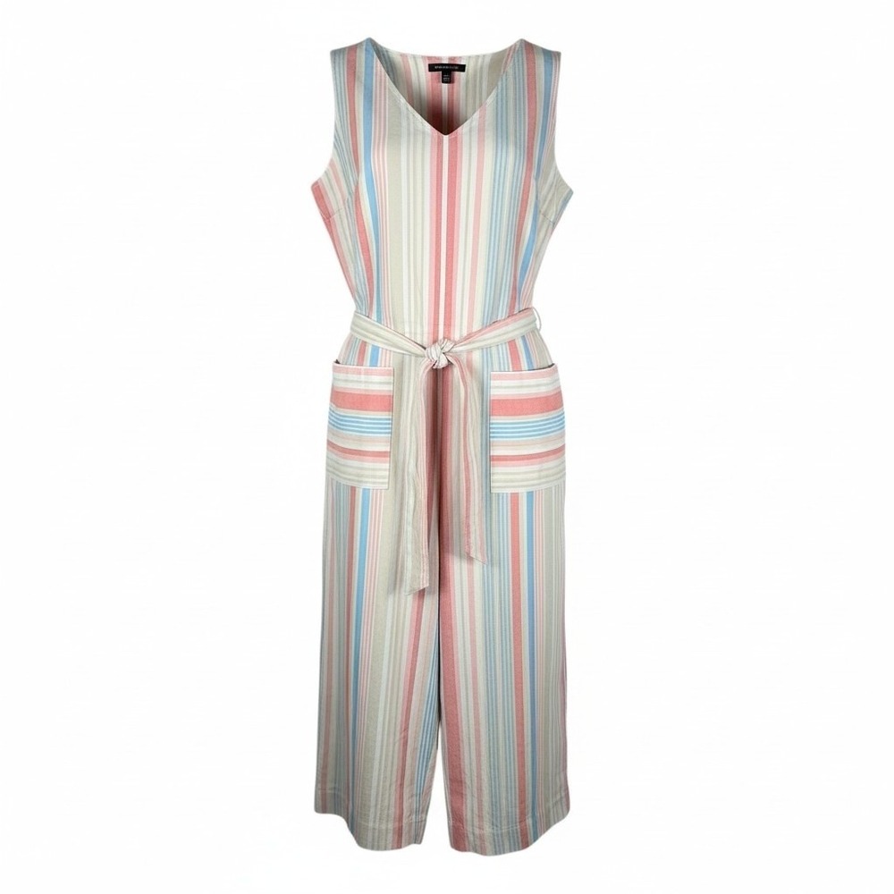 Robert Louis Jumpsuit Womens 2X Striped Linen Blend Coral Taupe Sleeveless NEW